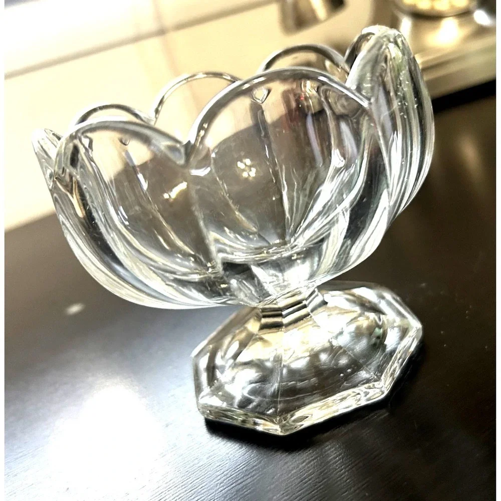 Vintage Clear Glass Floral Pedestal Compote Bowl Scalloped Rim Footed Dish